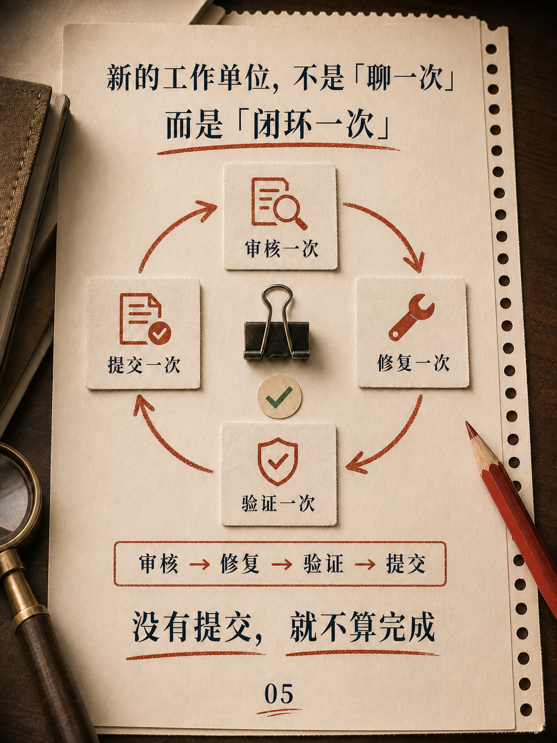 审核、修复、验证与提交组成闭环